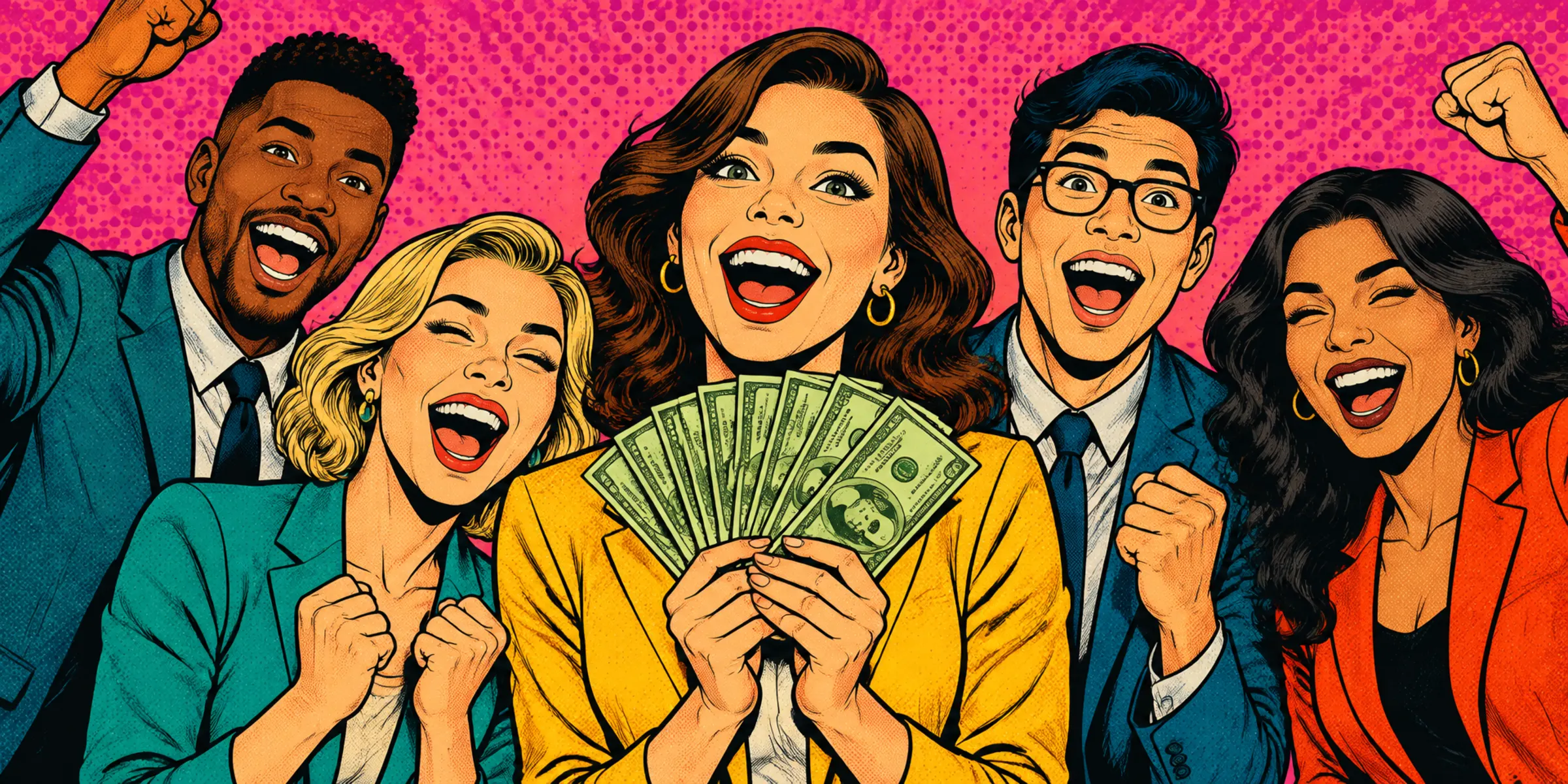 Pop-art illustration of cheering people, one holding a fan of cash