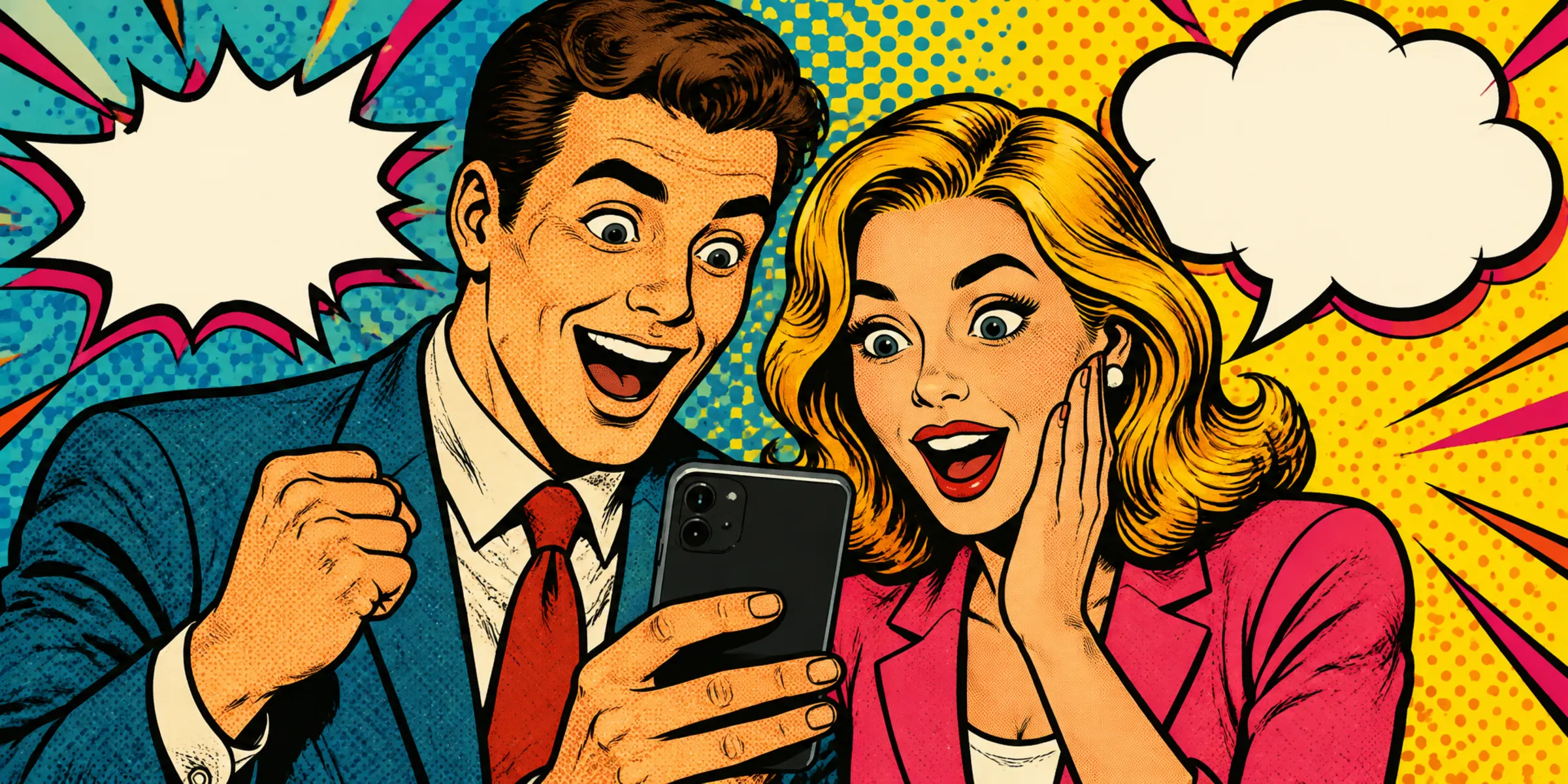 Pop-art illustration of someone reading big news on a phone