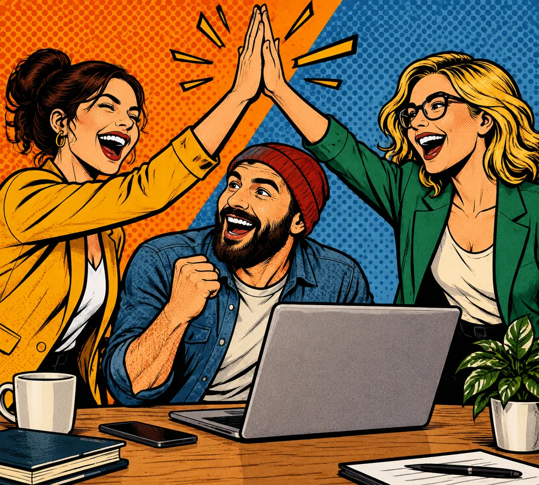 Pop-art illustration of three team members celebrating around a laptop